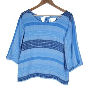 Cloth & Stone Womens Top Small Tie Back Fringe Blue Striped Linen Cotton Boho